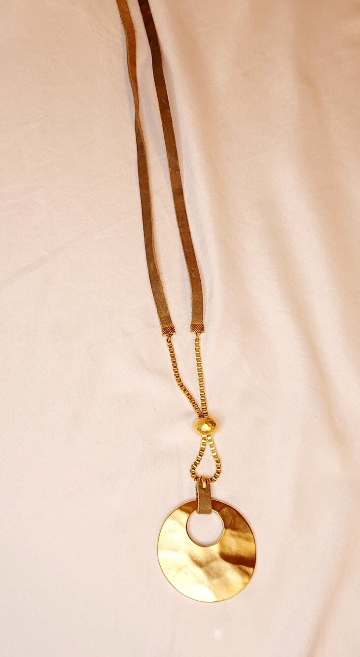Hammered metal gold tone pendant with leather chain necklace